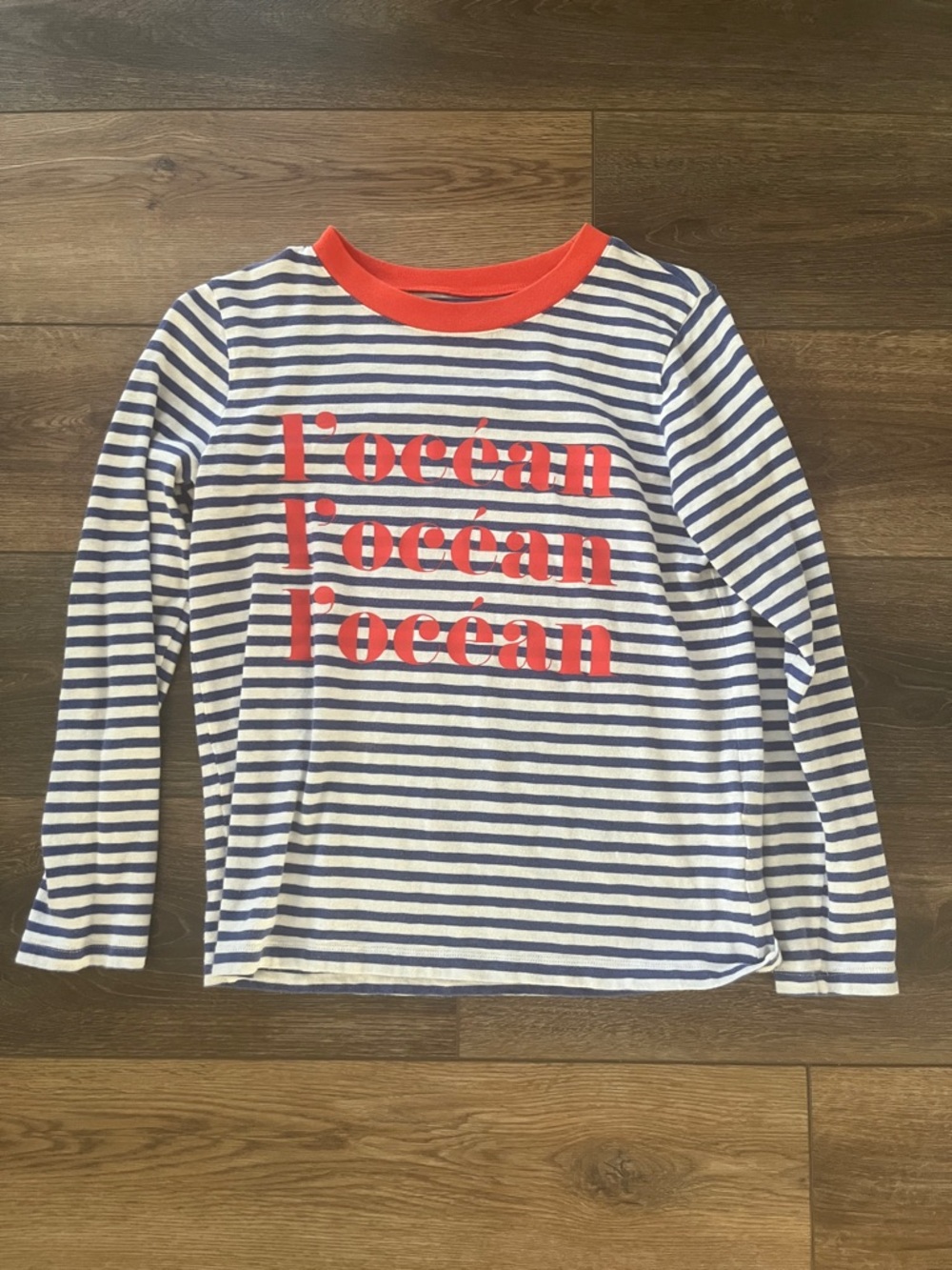 J. Crew Girls' Navy & White Striped Long Sleeve Tee with Coral Graphic